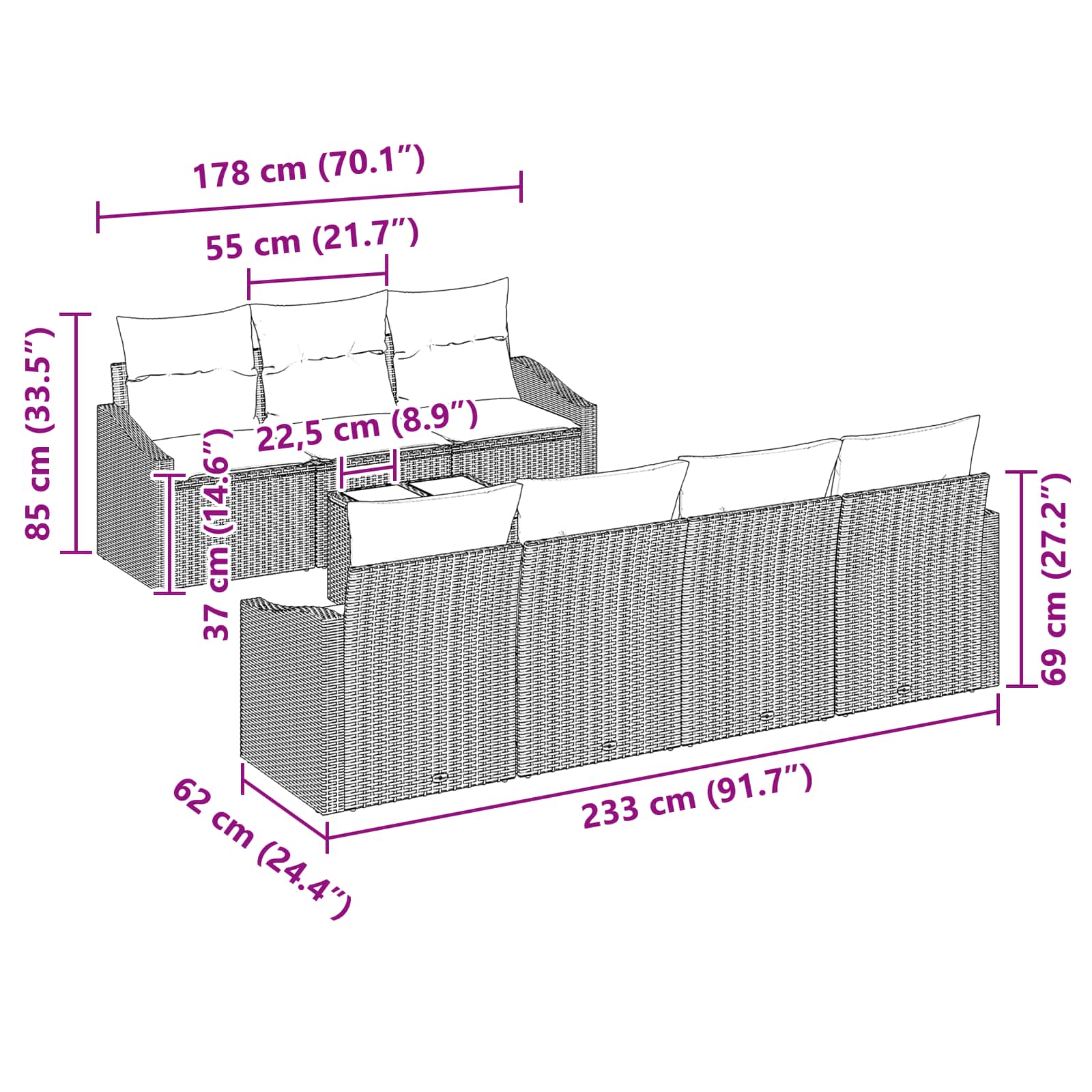 Σετ Καναπέ με μαξιλάρι 8 pcs Γκρι και Ναυτικό συνθετικό ρατάν - Pakobazaar