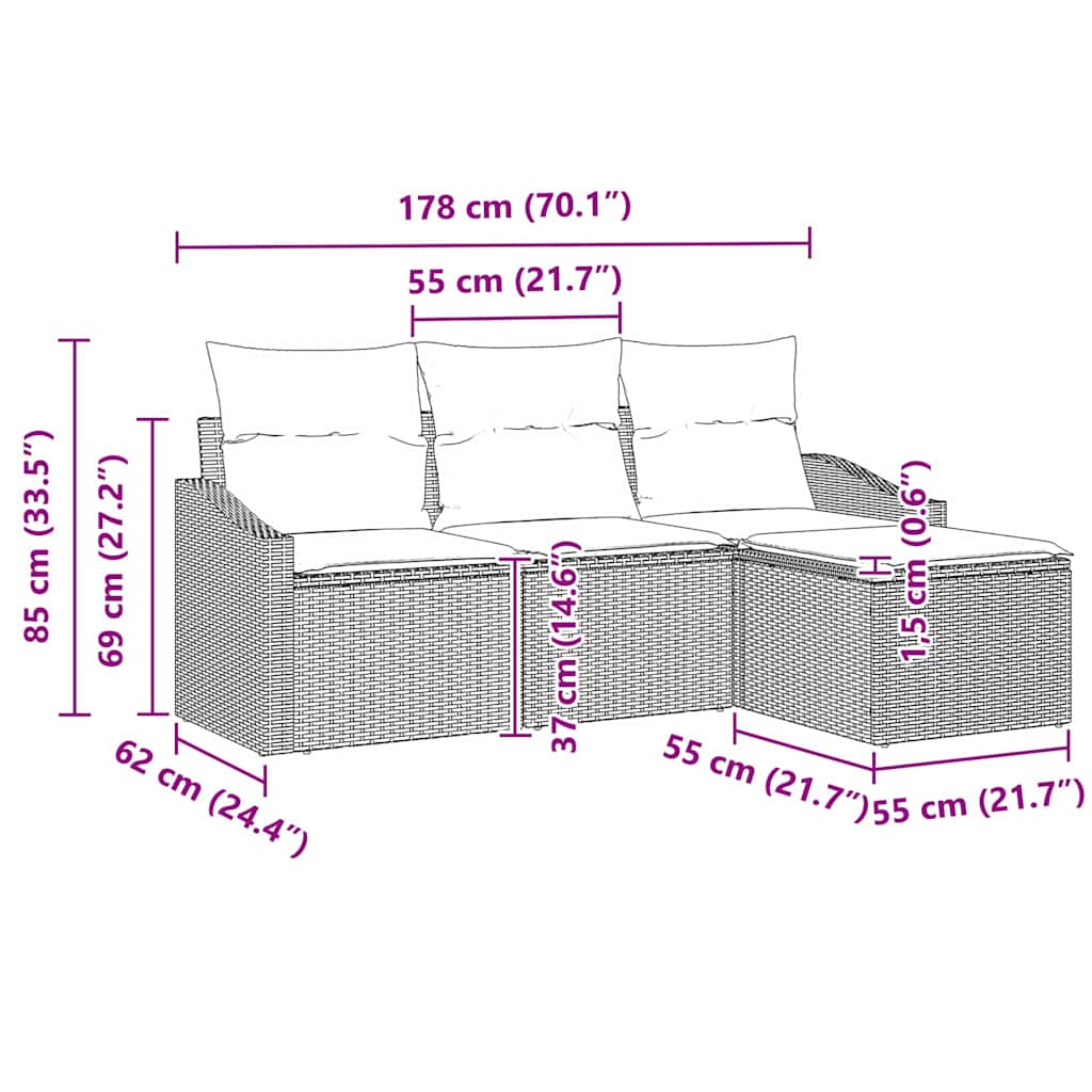 Σετ Καναπέ με μαξιλάρι 4 pcs Μαύρο και Κρέμα συνθετικό ρατάν - Pakobazaar