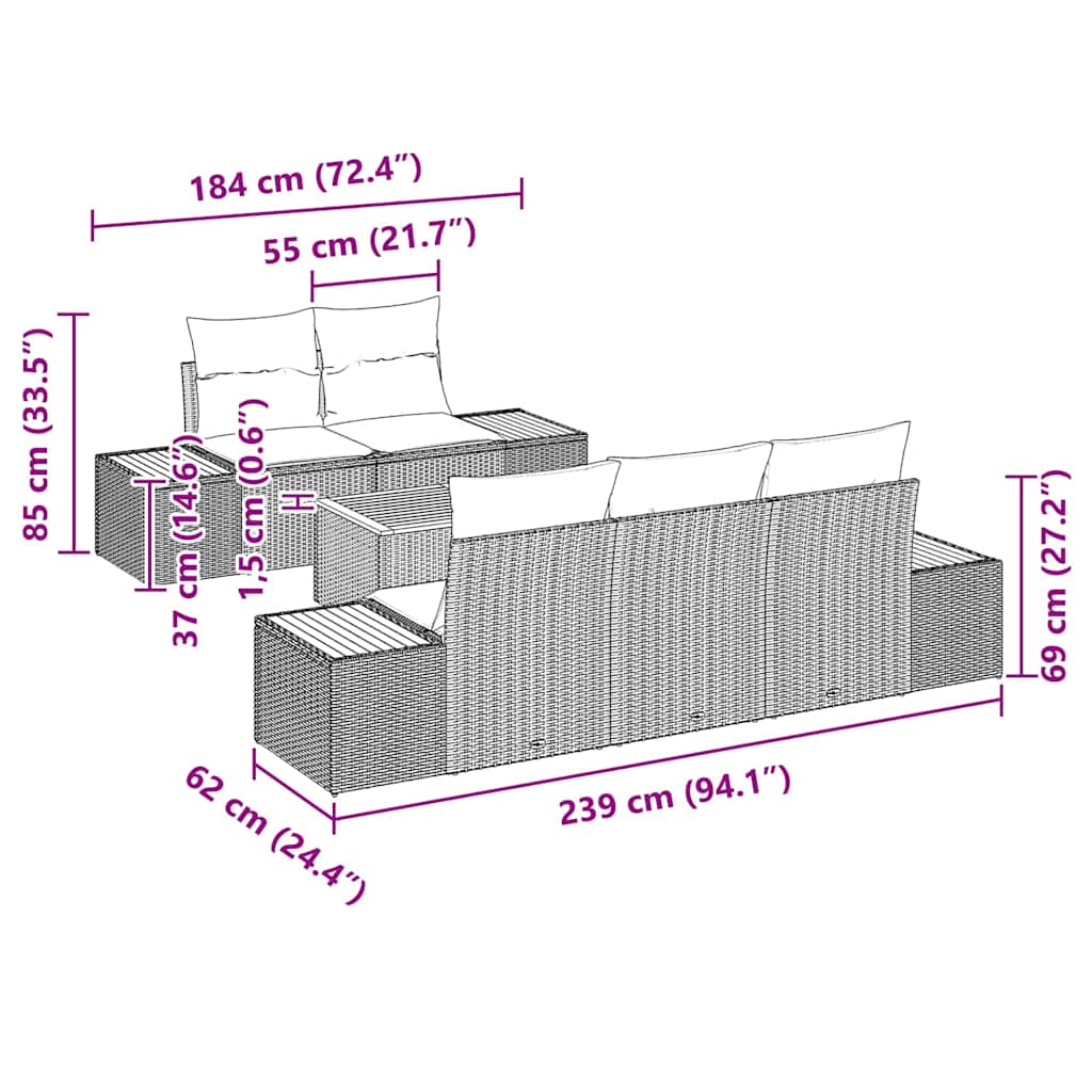 Σετ Καναπέ Κήπου με μαξιλάρι 6 pcs Μαύρο Πολυ ράταν - Pakobazaar