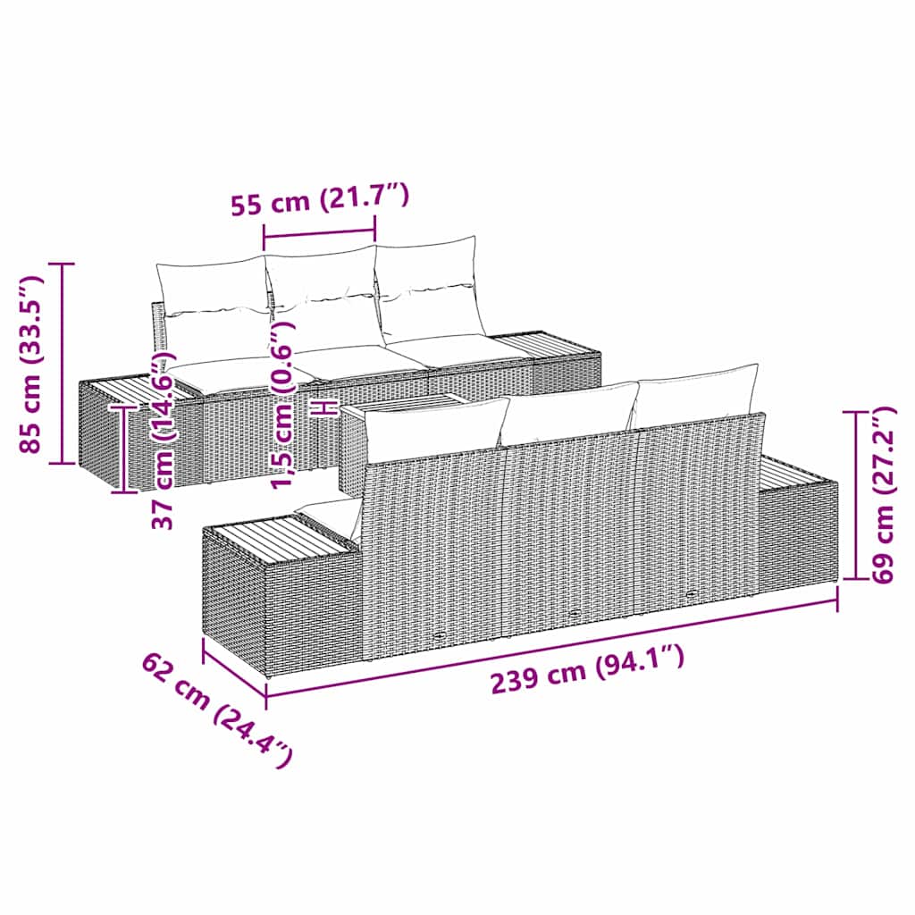 Σετ Καναπέ Κήπου με μαξιλάρι 7 pcs Μπεζ Πολυ ράταν