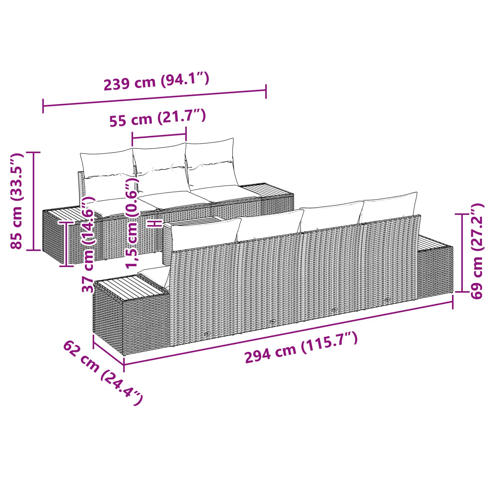 Σετ Καναπέ Κήπου με μαξιλάρι 8 pcs Μαύρο Πολυ ράταν - Pakobazaar
