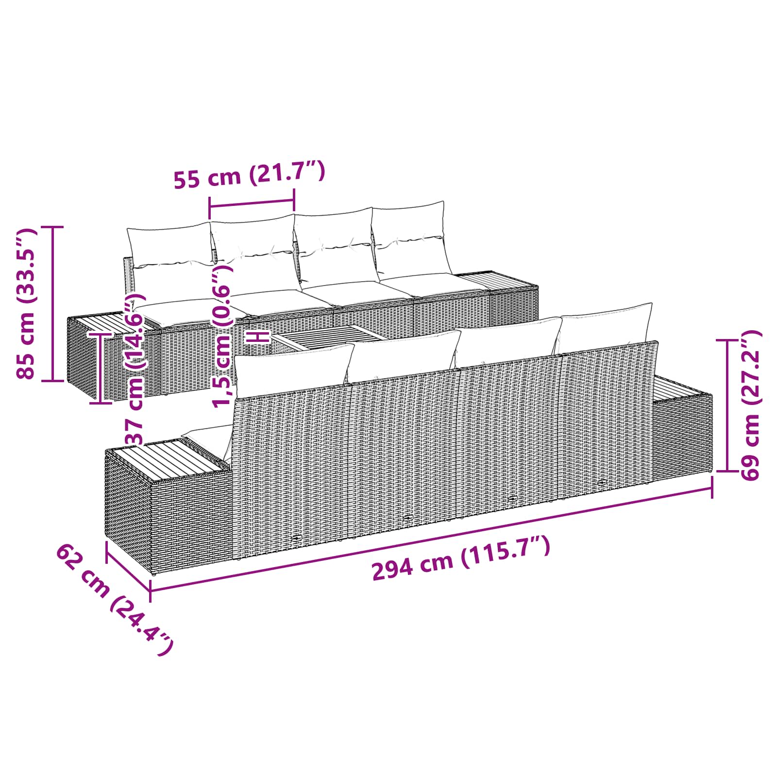Σετ Καναπέ Κήπου με μαξιλάρι 9 pcs Μαύρο Πολυ ράταν - Pakobazaar
