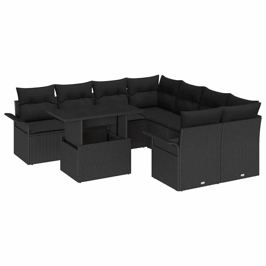 Σετ Καναπέ Κήπου με μαξιλάρι 9 pcs Μαύρο Πολυ Ρατάν - Pakobazaar