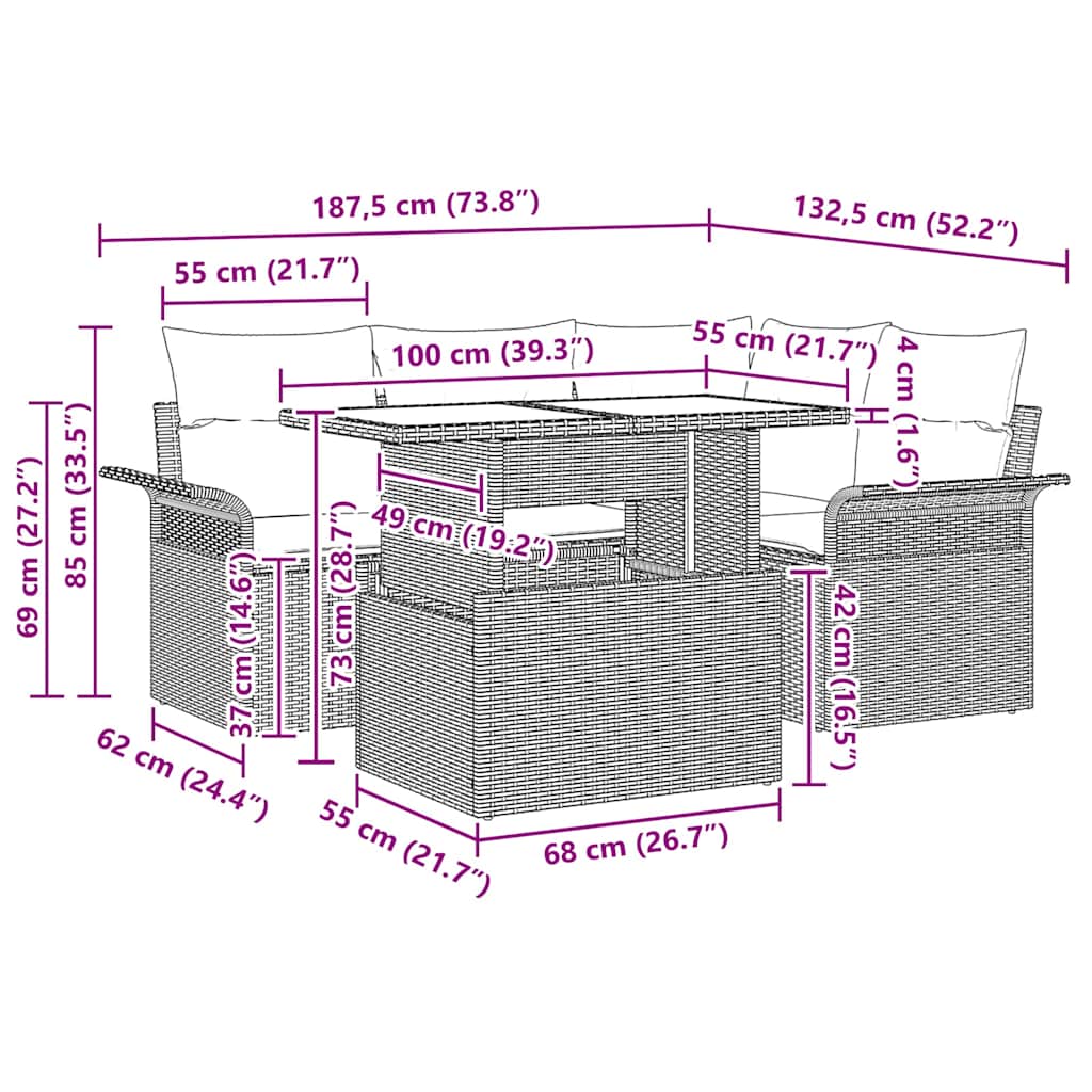 Σετ Καναπέ Κήπου με μαξιλάρι 5 pcs Γκρι Πολυ ράταν - Pakobazaar