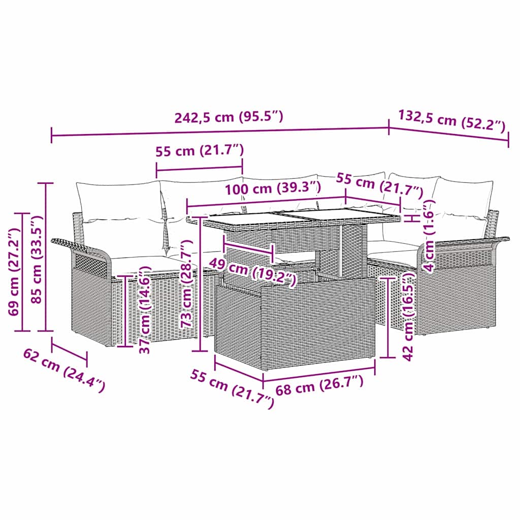 Σετ Καναπέ Κήπου με μαξιλάρι 6 pcs Γκρι Πολυ Ρατάν - Pakobazaar