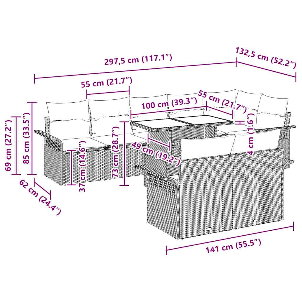 Σετ Καναπέ Κήπου με μαξιλάρι 9 pcs Μαύρο Πολυ ράταν
