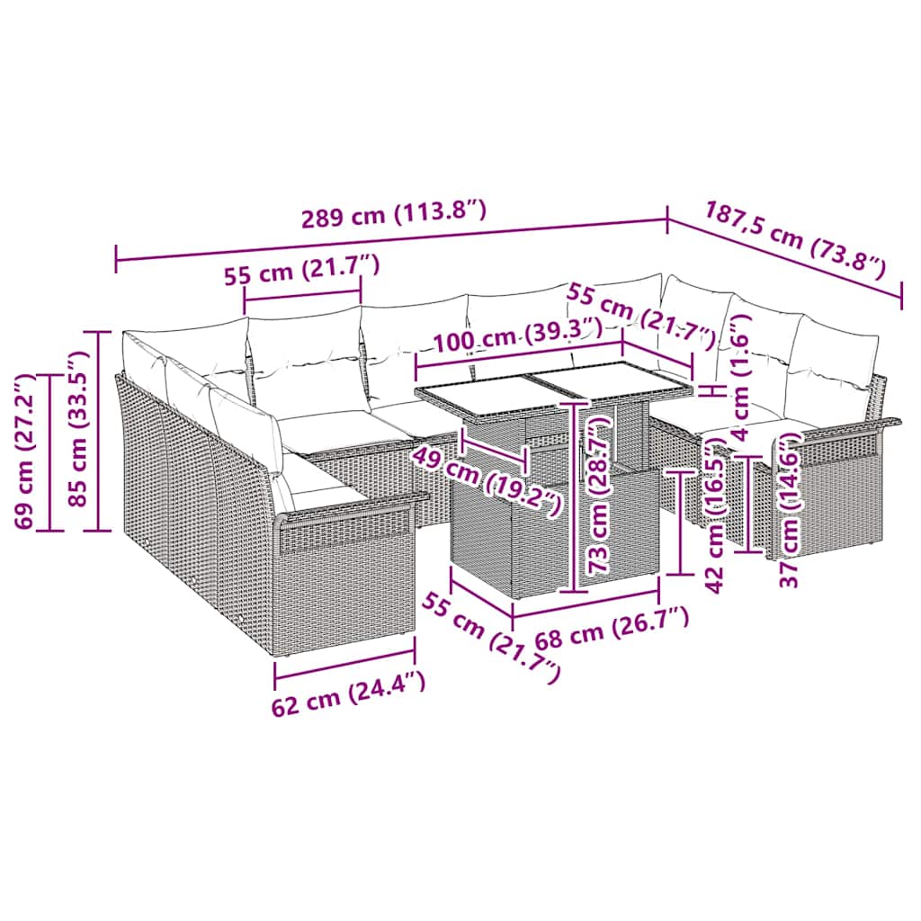 Σετ Καναπέ Κήπου με μαξιλάρι 10 pcs Μαύρο Πολυ Ρατάν - Pakobazaar