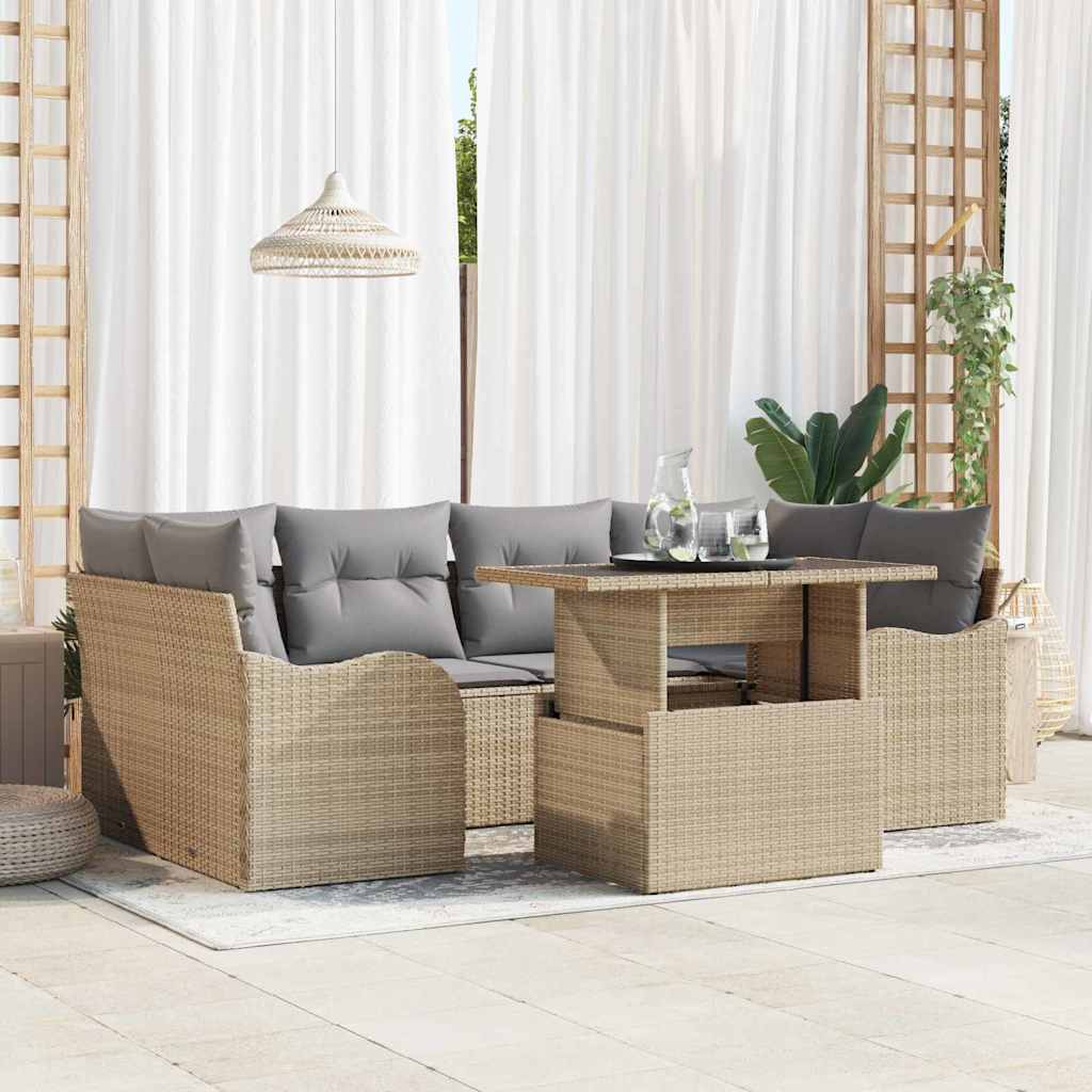 Σετ Καναπέ Κήπου με μαξιλάρι με μαξιλάρι 7 pcs Μπεζ Πολυ Ρατάν