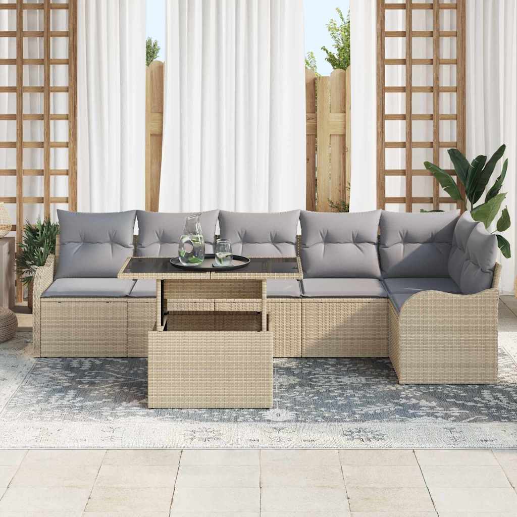 Σετ Καναπέ Κήπου με μαξιλάρι με μαξιλάρι 7 pcs Μπεζ Πολυ Ρατάν