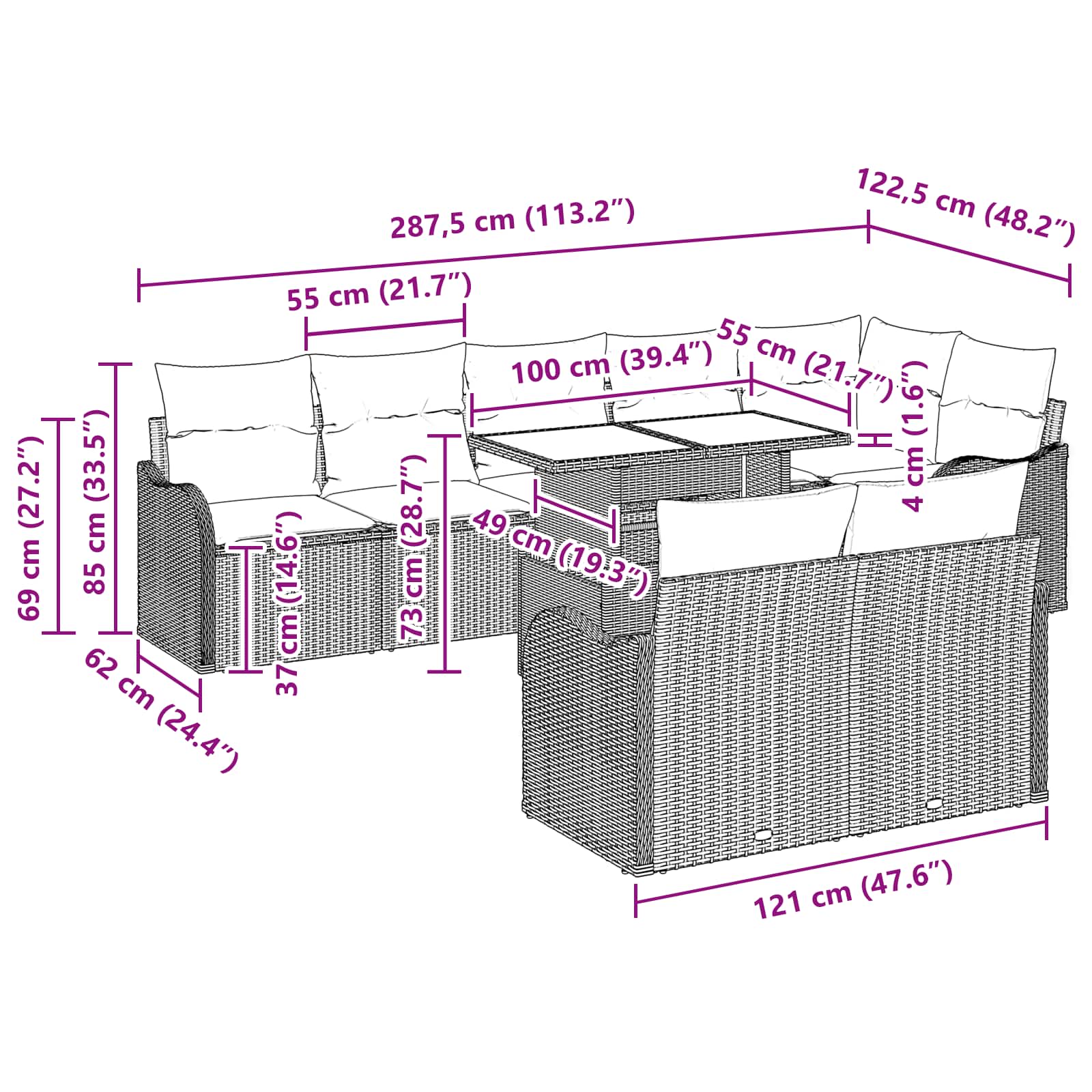 Σετ Καναπέ Κήπου με μαξιλάρι 9 pcs Ανοιχτό γκρι Πολυ Ρατάν - Pakobazaar