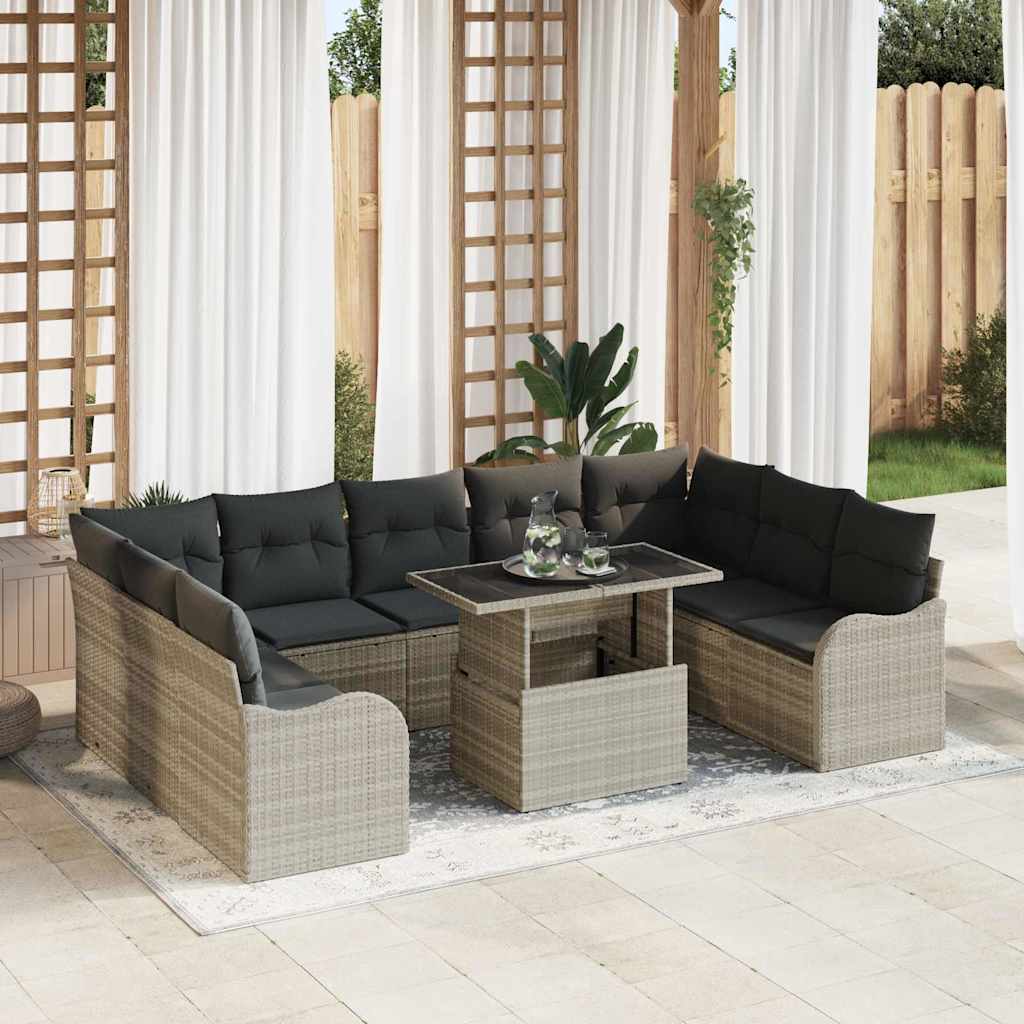Σετ Καναπέ Κήπου με μαξιλάρι 10 pcs Ανοιχτό γκρι Πολυ Ρατάν - Pakobazaar