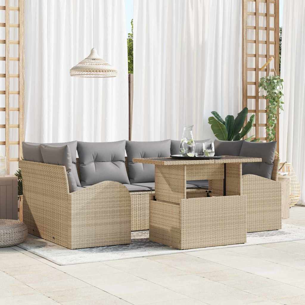 Σετ Καναπέ Κήπου με μαξιλάρι με μαξιλάρι 7 pcs Μπεζ Πολυ Ρατάν