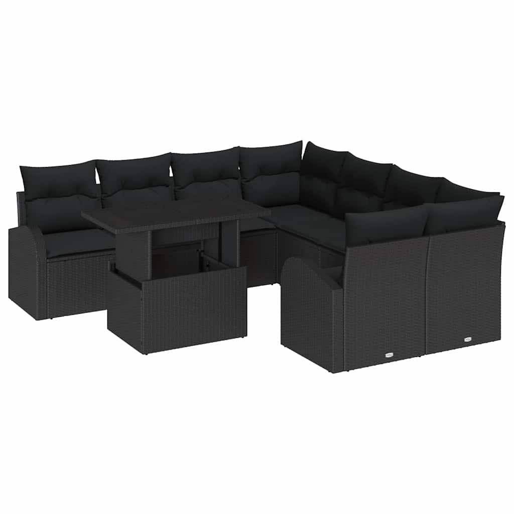 Σετ Καναπέ Κήπου με μαξιλάρι με μαξιλάρι 9 pcs Μαύρο Πολυ Ρατάν - Pakobazaar