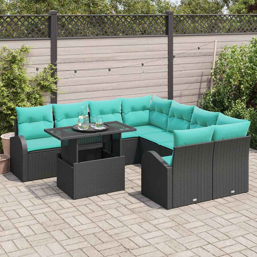 Σετ Καναπέ Κήπου με μαξιλάρι με μαξιλάρι 9 pcs Μαύρο Πολυ Ρατάν - Pakobazaar