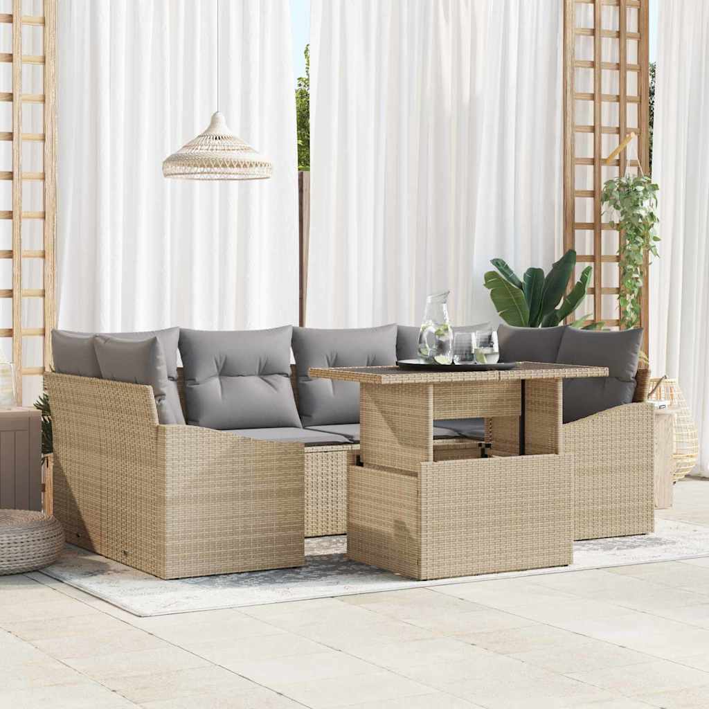 Σετ Καναπέ Κήπου με μαξιλάρι 7 pcs Μπεζ συνθετικό ρατάν - Pakobazaar