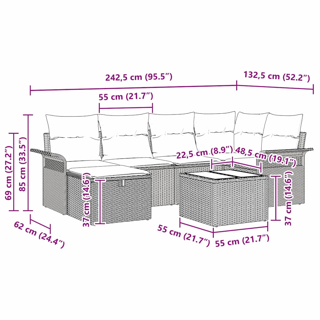 Σετ Καναπέ Κήπου 7 pcs Μαύρο και Κρέμα συνθετικό ρατάν
