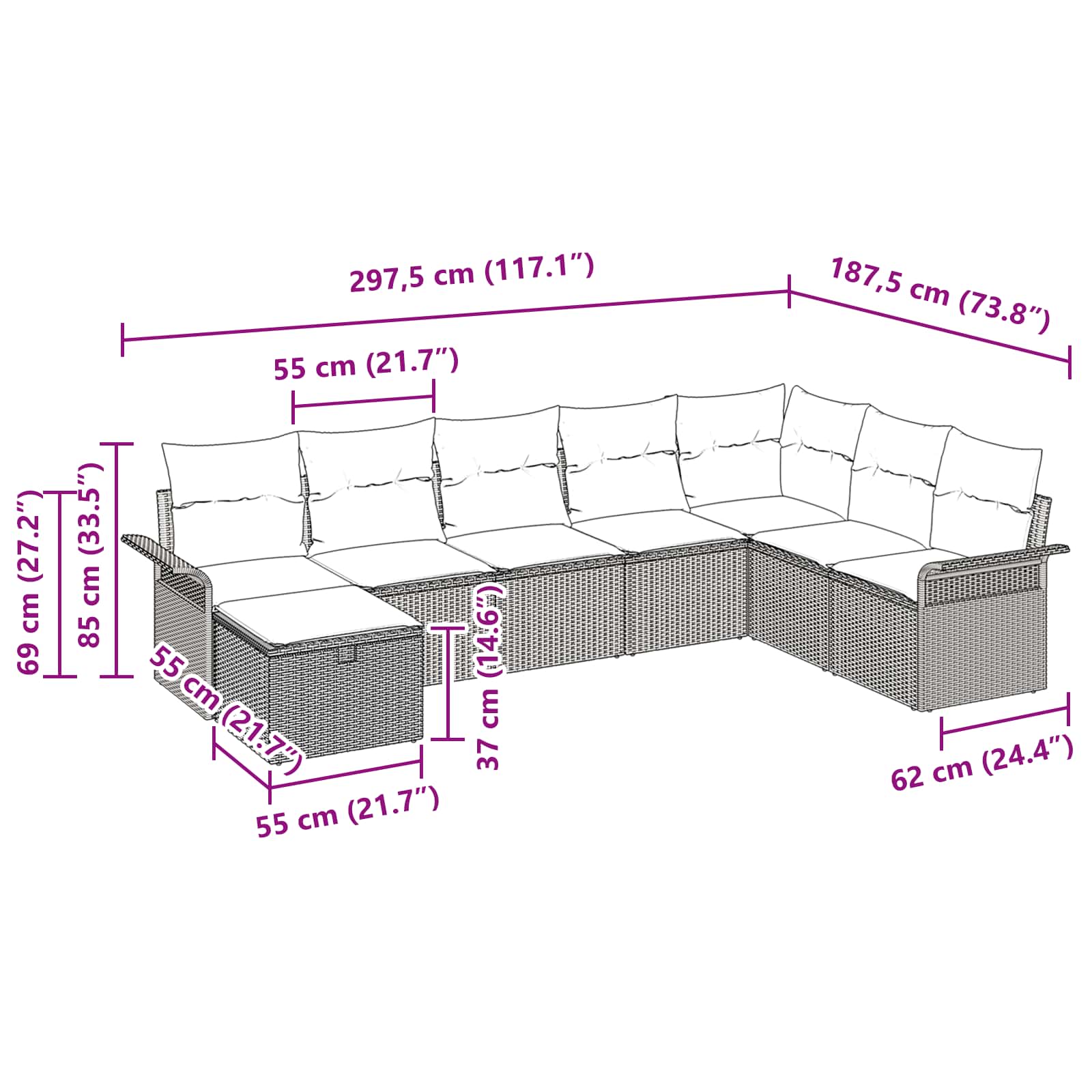 Σετ Καναπέ Κήπου 8 pcs Γκρι και Ναυτικό συνθετικό ρατάν - Pakobazaar