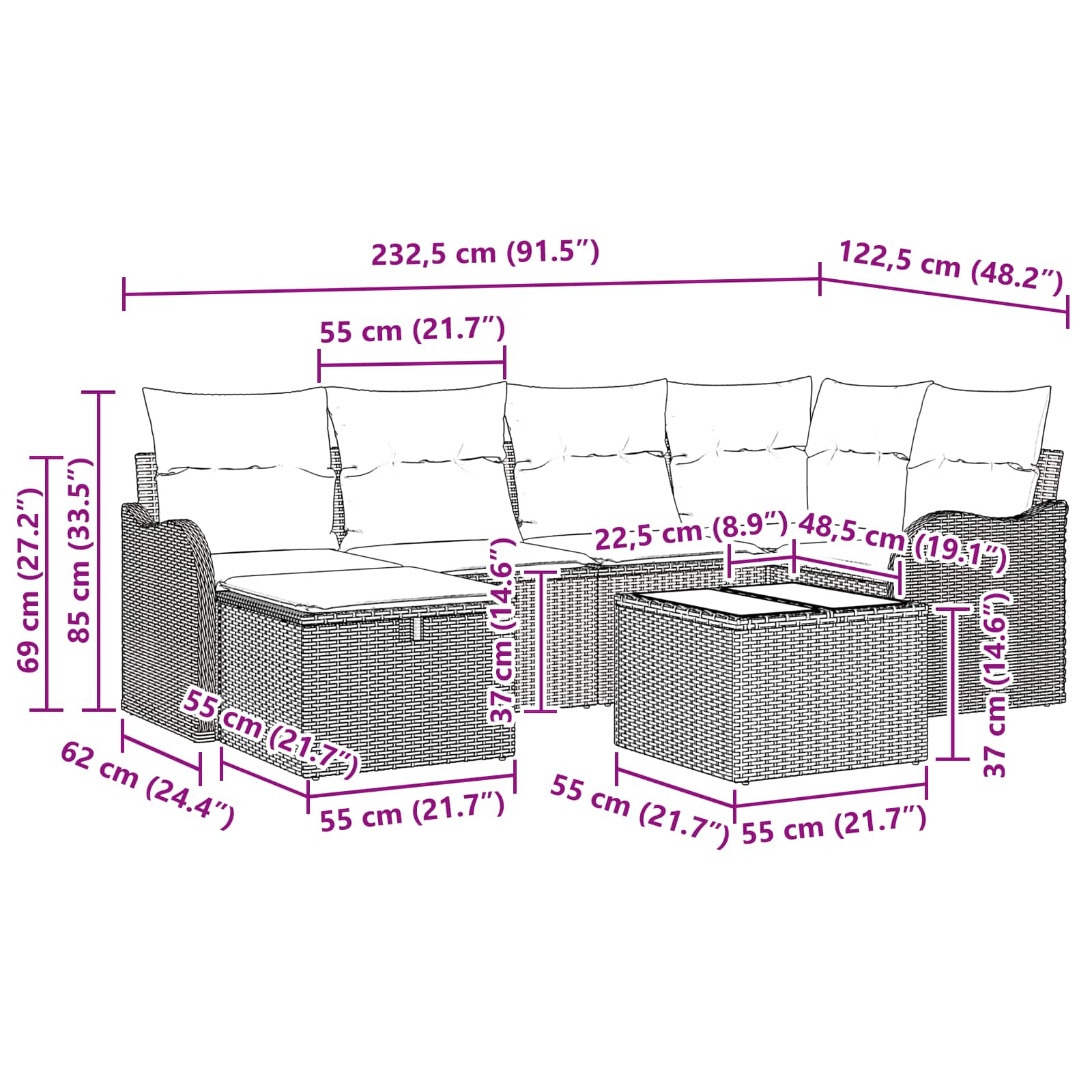 Σετ Καναπέ Κήπου 7 pcs Καφέ και Κόκκινο συνθετικό ρατάν