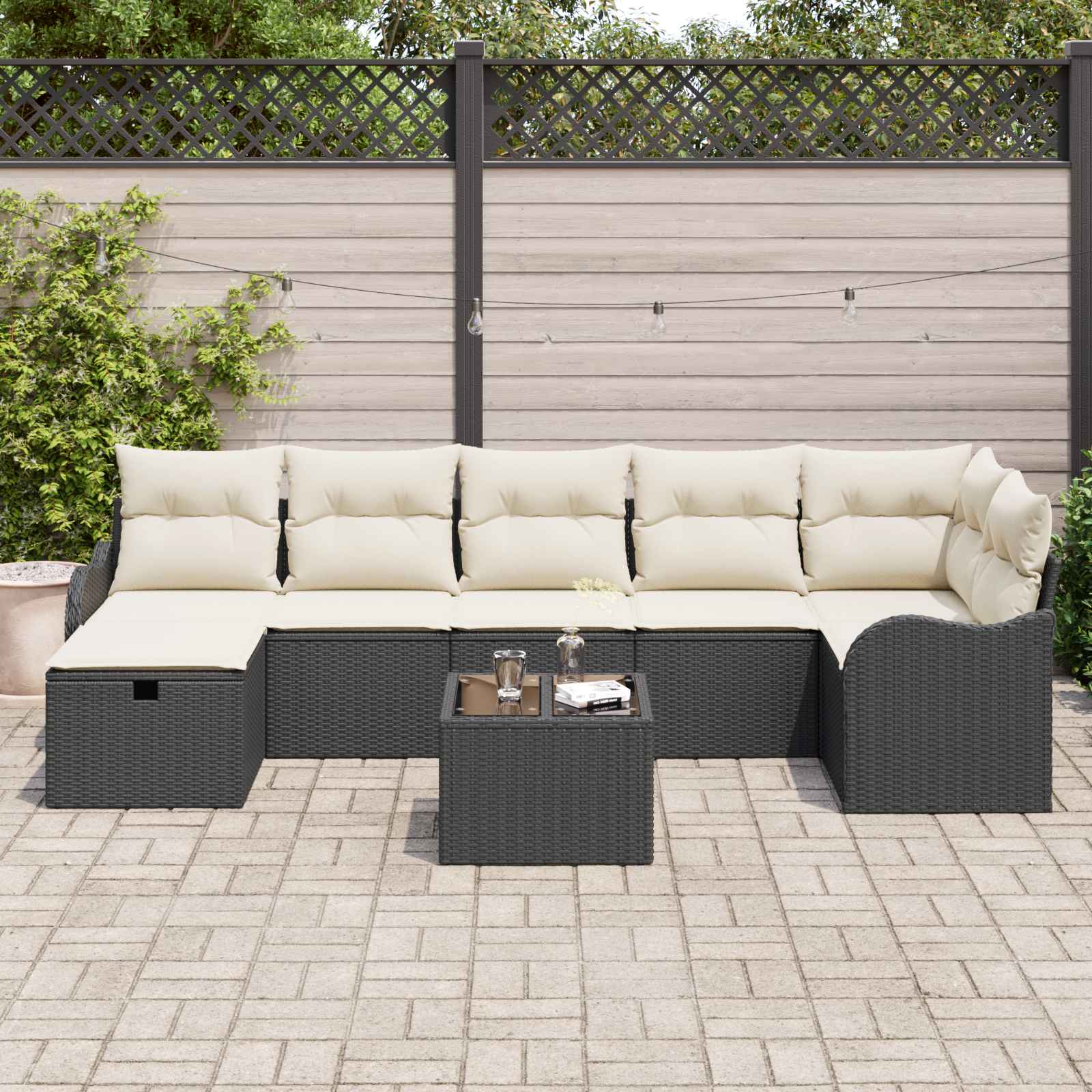 Σετ Καναπέ με μαξιλάρι 8 pcs Μαύρο και Κρέμα συνθετικό ρατάν