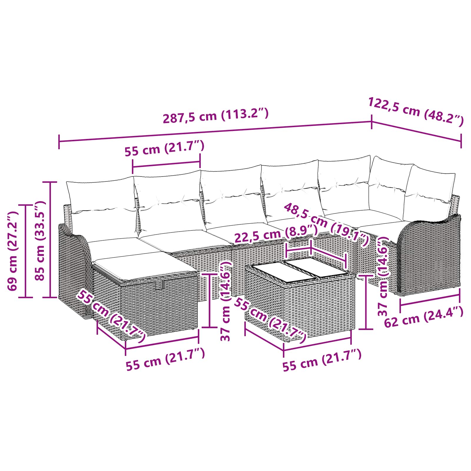 Σετ Καναπέ με μαξιλάρι 8 pcs Μαύρο και Κρέμα συνθετικό ρατάν