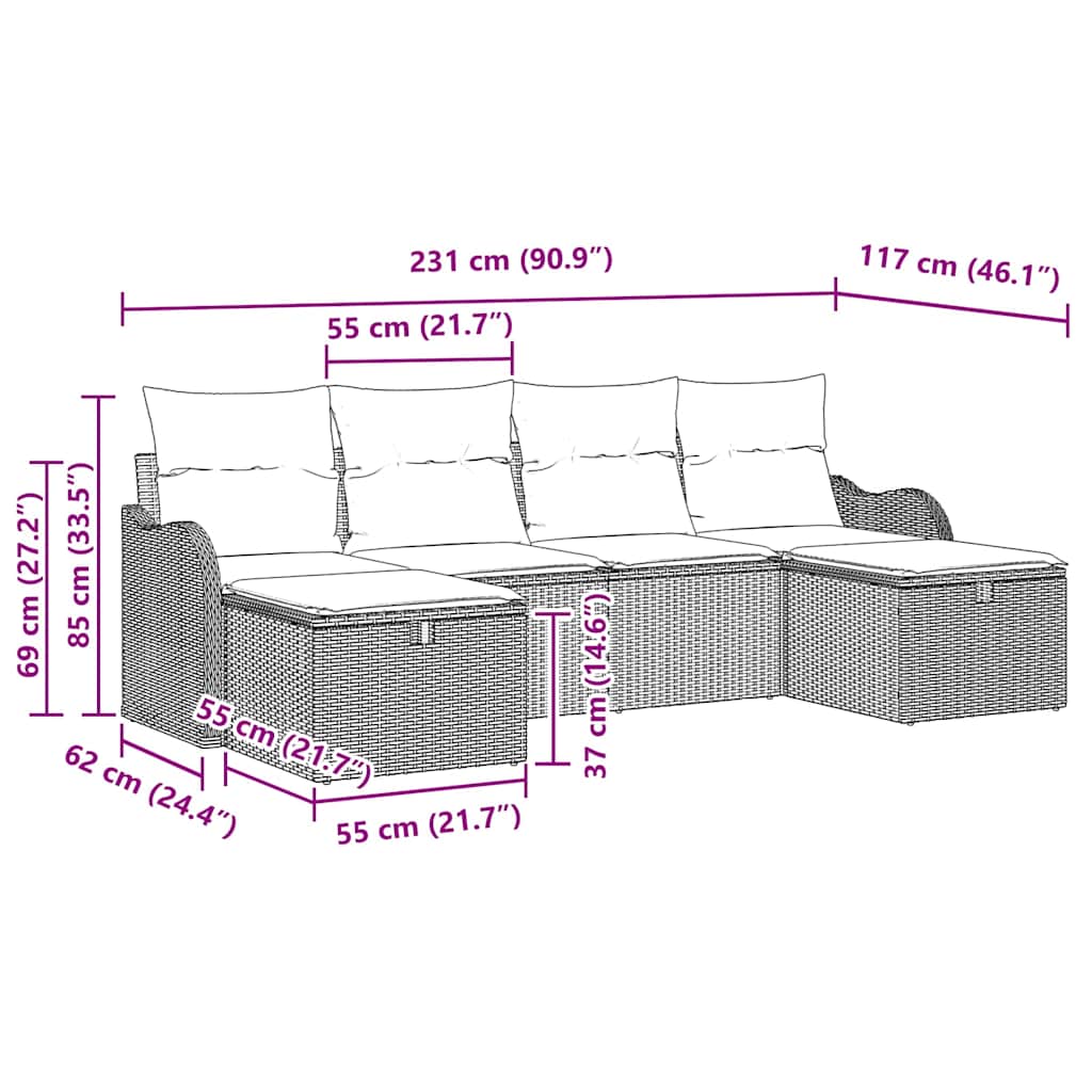 Σετ Καναπέ με μαξιλάρι 6 pcs Μαύρο συνθετικό ρατάν - Pakobazaar