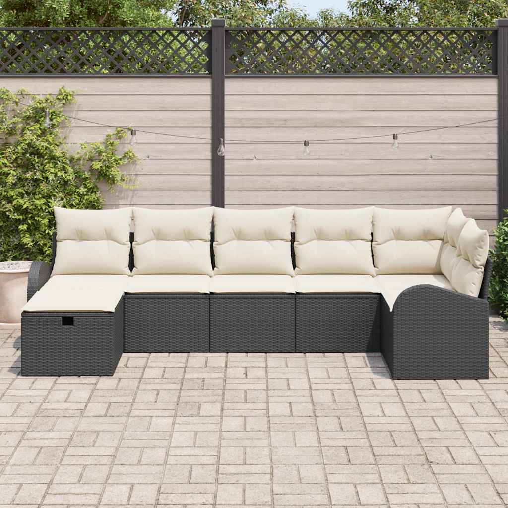 Σετ Καναπέ με μαξιλάρι 7 pcs Μαύρο και Κρέμα συνθετικό ρατάν