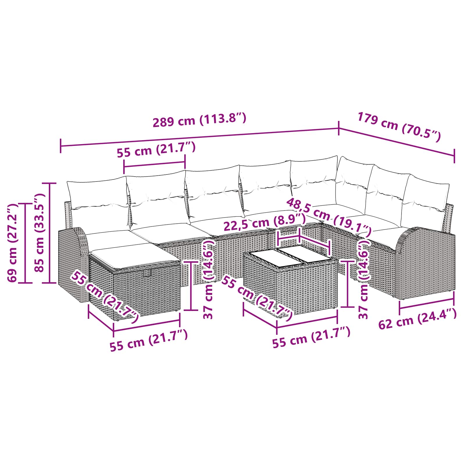 Σετ Καναπέ με μαξιλάρι 9 pcs Καφέ και Κόκκινο συνθετικό ρατάν - Pakobazaar