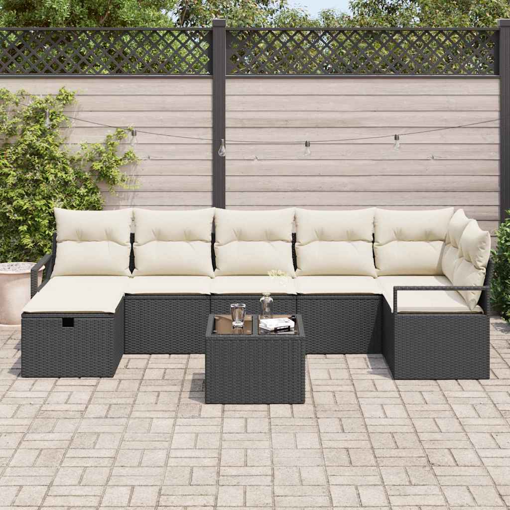 Σετ Καναπέ με μαξιλάρι 8 pcs Μαύρο και Κρέμα συνθετικό ρατάν - Pakobazaar