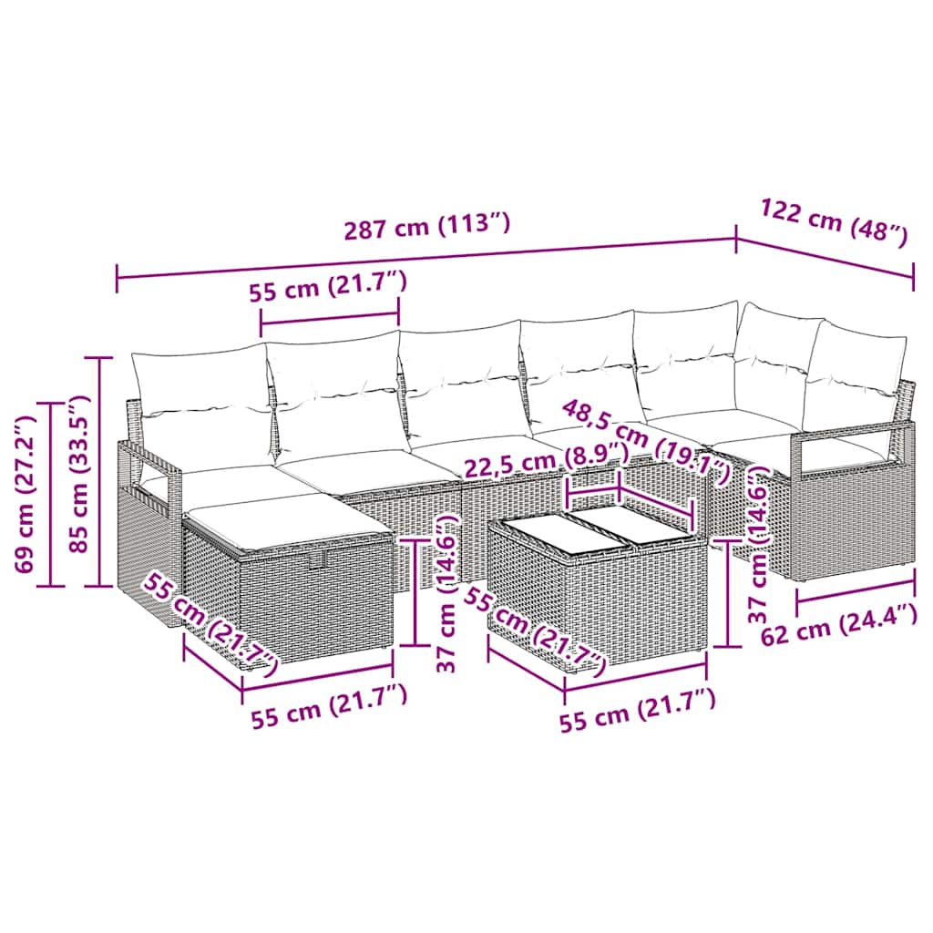 Σετ Καναπέ με μαξιλάρι 8 pcs Μαύρο και Κρέμα συνθετικό ρατάν - Pakobazaar