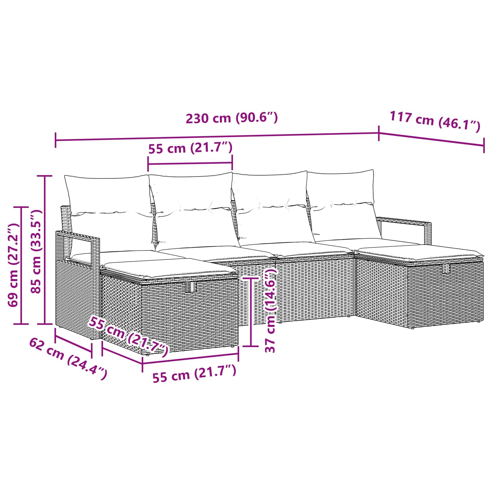 Σετ Καναπέ με μαξιλάρι 6 pcs Γκρι και Ναυτικό συνθετικό ρατάν - Pakobazaar