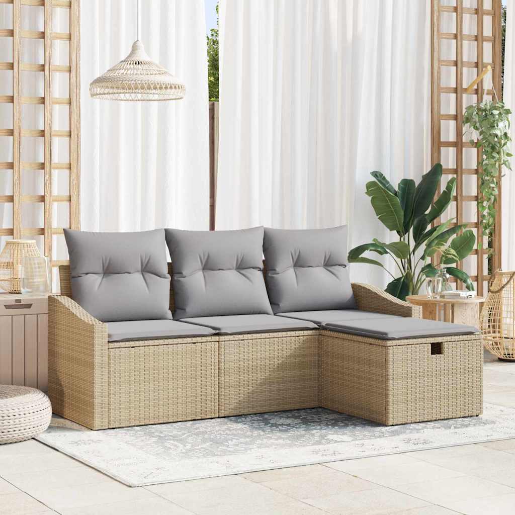 Σετ Καναπέ με μαξιλάρι με αποθήκευση 4 pcs Μπεζ συνθετικό ρατάν