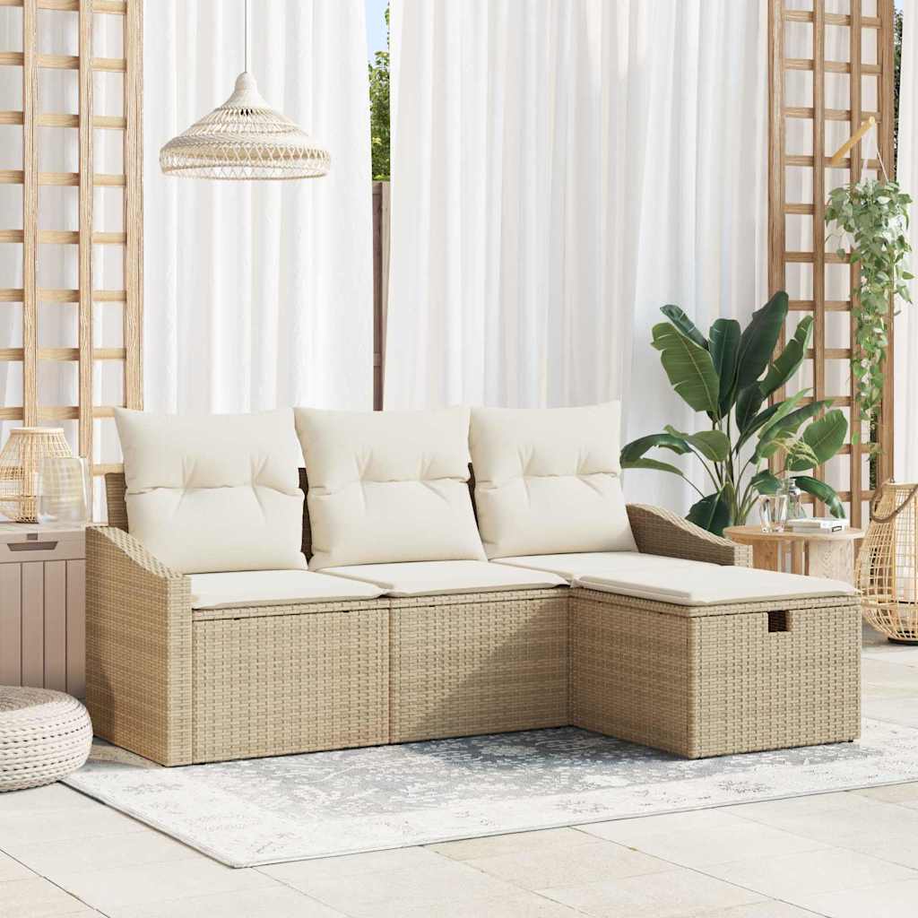 Σετ Καναπέ με μαξιλάρι με αποθήκευση 4 pcs Μπεζ συνθετικό ρατάν