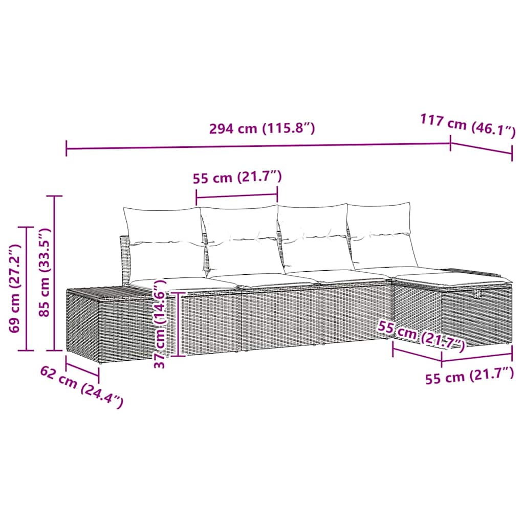 Σετ Καναπέ Κήπου με μαξιλάρι 5 pcs Μαύρο συνθετικό ρατάν - Pakobazaar