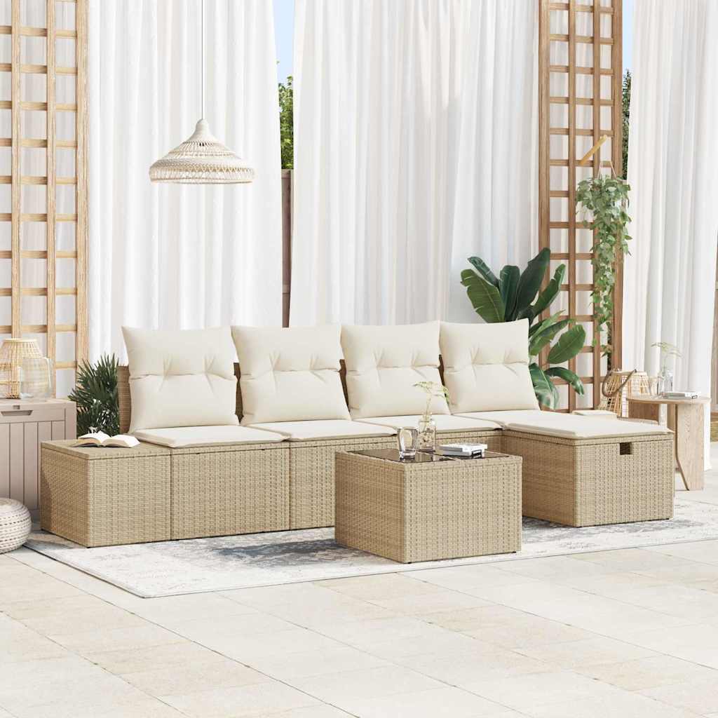 Σετ Καναπέ Κήπου με μαξιλάρι 6 pcs Μπεζ συνθετικό ρατάν - Pakobazaar