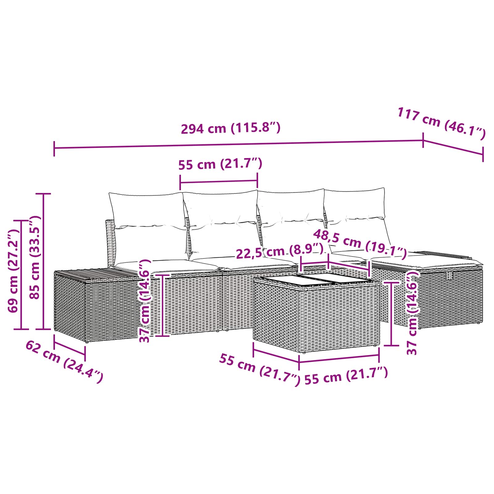 Σετ Καναπέ Κήπου με μαξιλάρι 6 pcs Καφέ συνθετικό ρατάν - Pakobazaar