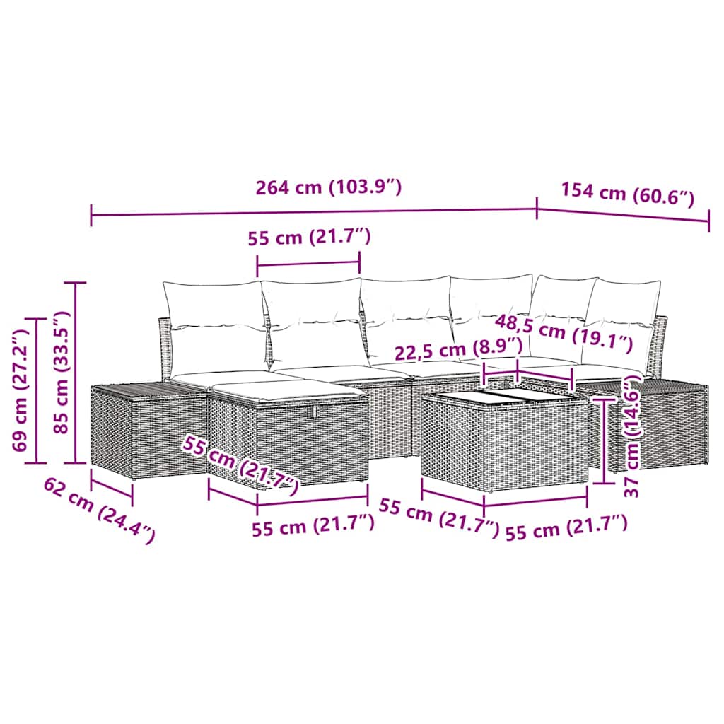 Σετ Καναπέ Κήπου με μαξιλάρι 7 pcs Μπεζ συνθετικό ρατάν