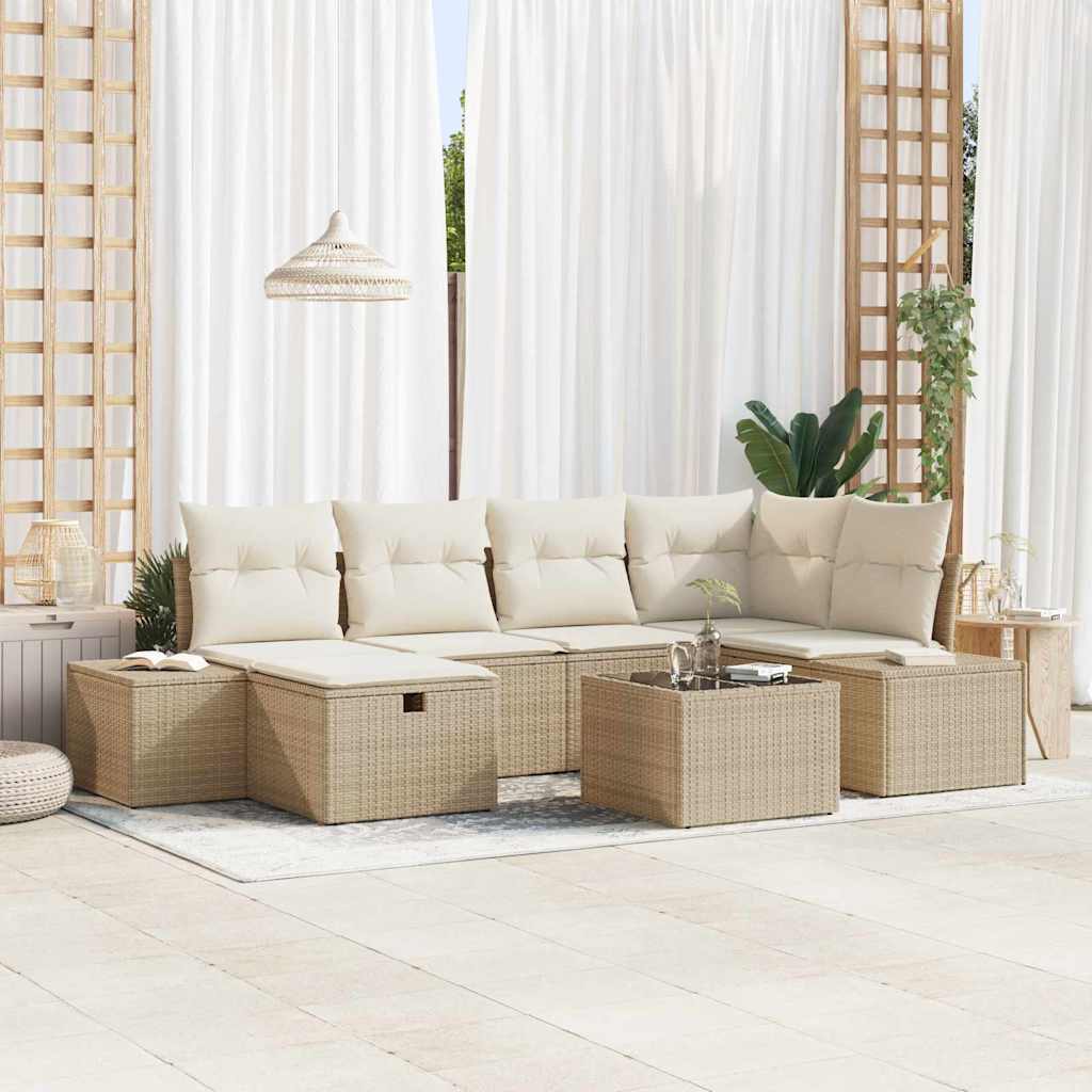 Σετ Καναπέ Κήπου με μαξιλάρι 7 pcs Μπεζ συνθετικό ρατάν - Pakobazaar