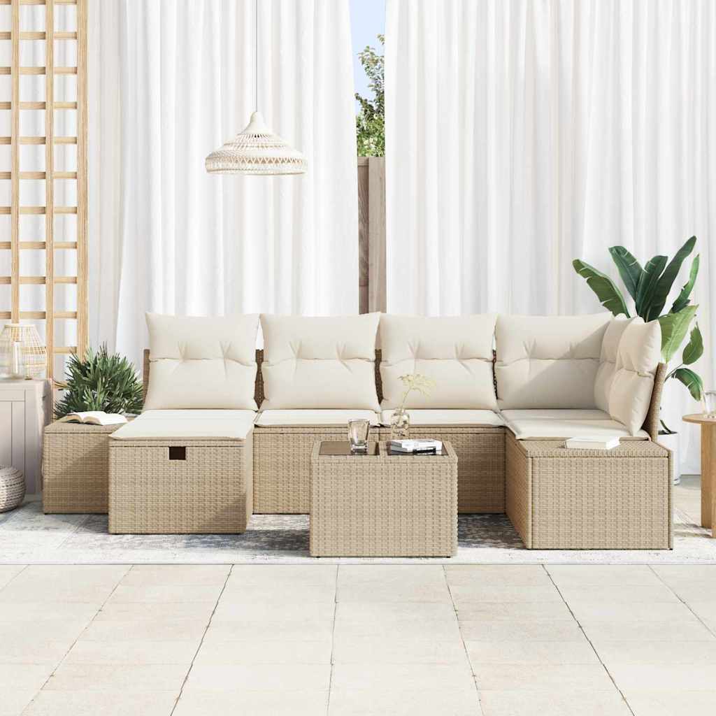 Σετ Καναπέ Κήπου με μαξιλάρι 7 pcs Μπεζ συνθετικό ρατάν - Pakobazaar