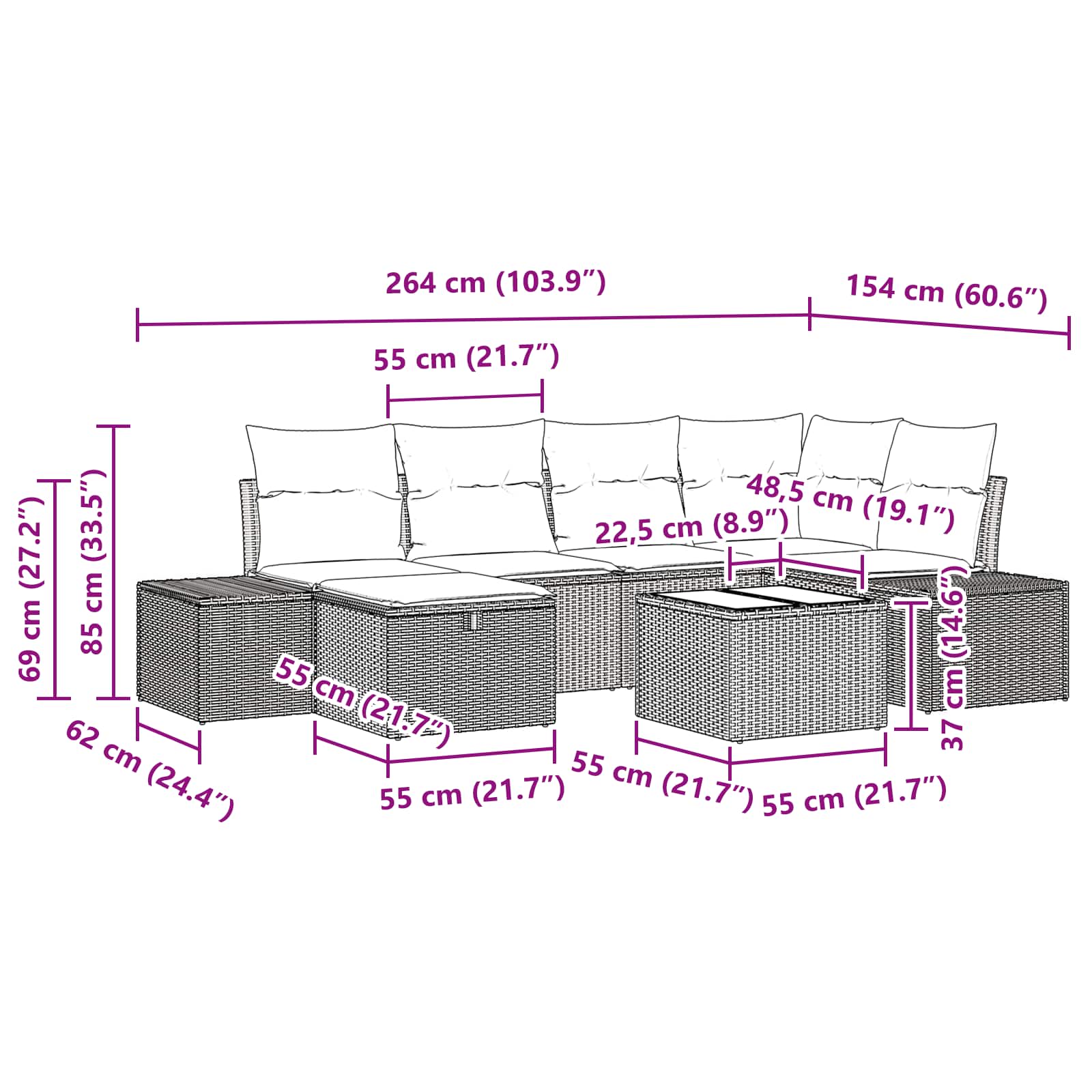 Σετ Καναπέ Κήπου με μαξιλάρι 7 pcs Καφέ συνθετικό ρατάν - Pakobazaar