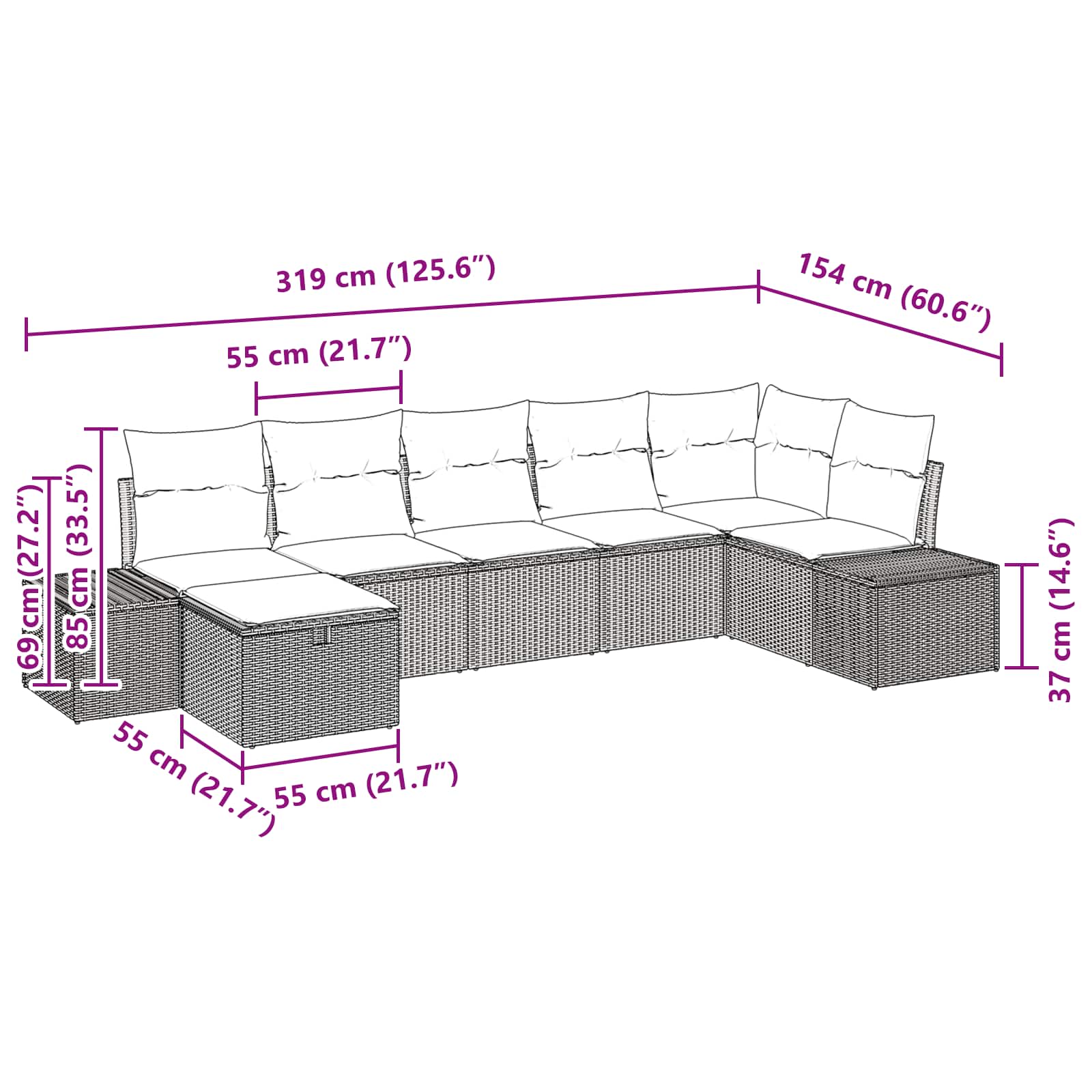 Σετ Καναπέ Κήπου με μαξιλάρι 7 pcs Καφέ συνθετικό ρατάν - Pakobazaar