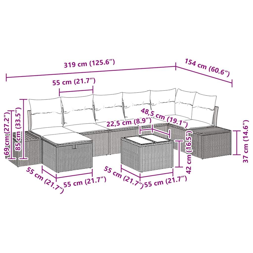 Σετ Καναπέ Κήπου με μαξιλάρι 8 pcs Μπεζ συνθετικό ρατάν