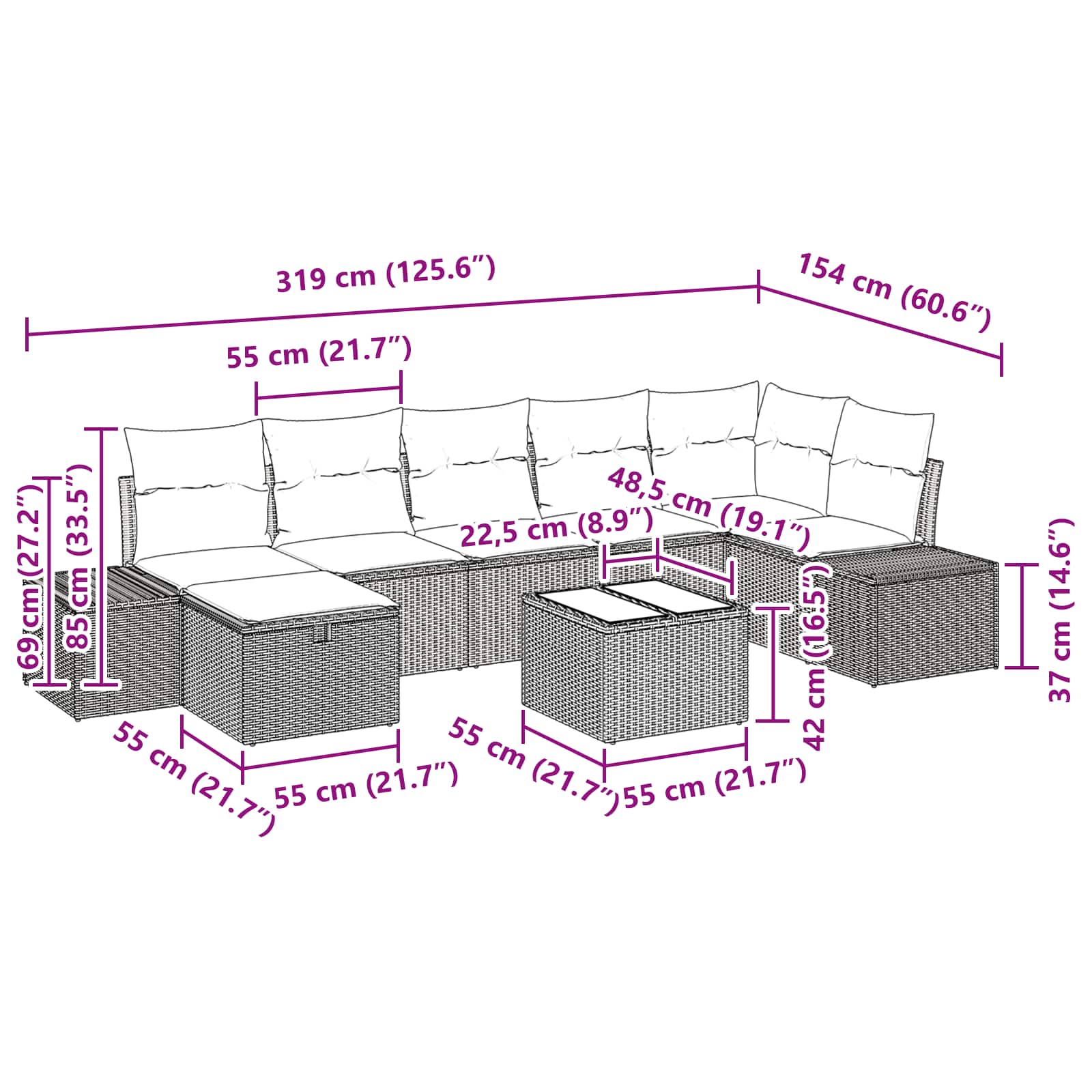 Σετ Καναπέ Κήπου με μαξιλάρι 8 pcs Καφέ συνθετικό ρατάν - Pakobazaar