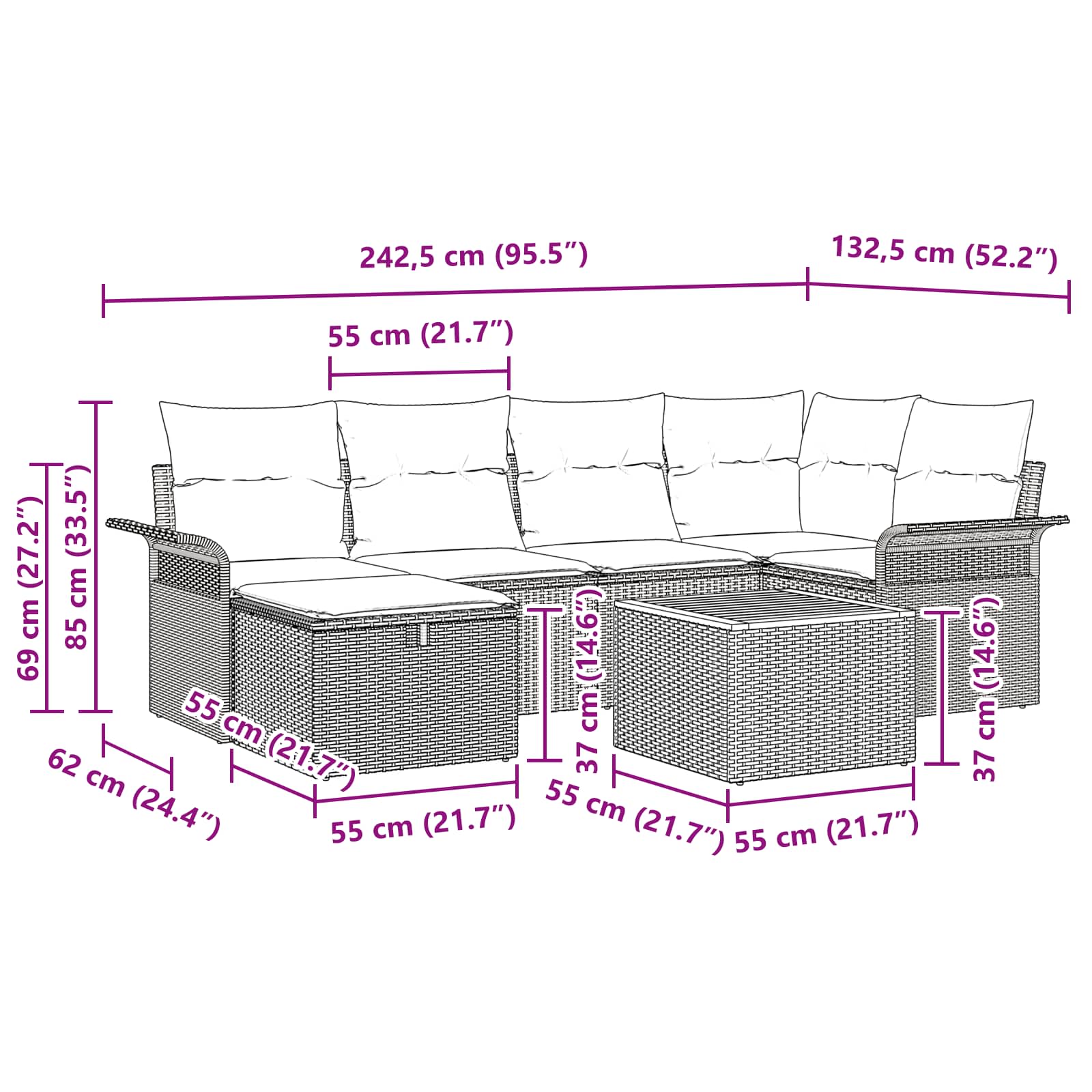 Σετ Καναπέ Κήπου με μαξιλάρι 7 pcs Μαύρο συνθετικό ρατάν - Pakobazaar