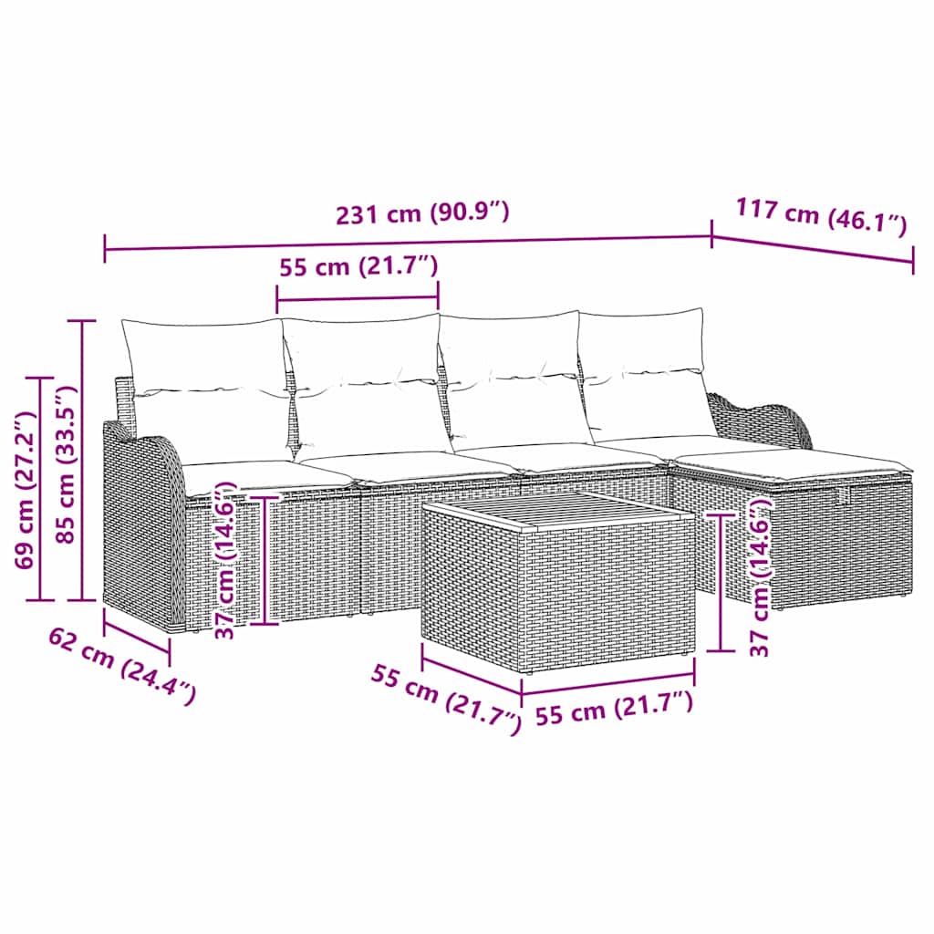 Σετ Καναπέ Κήπου με μαξιλάρι 6 pcs Γκρι συνθετικό ρατάν