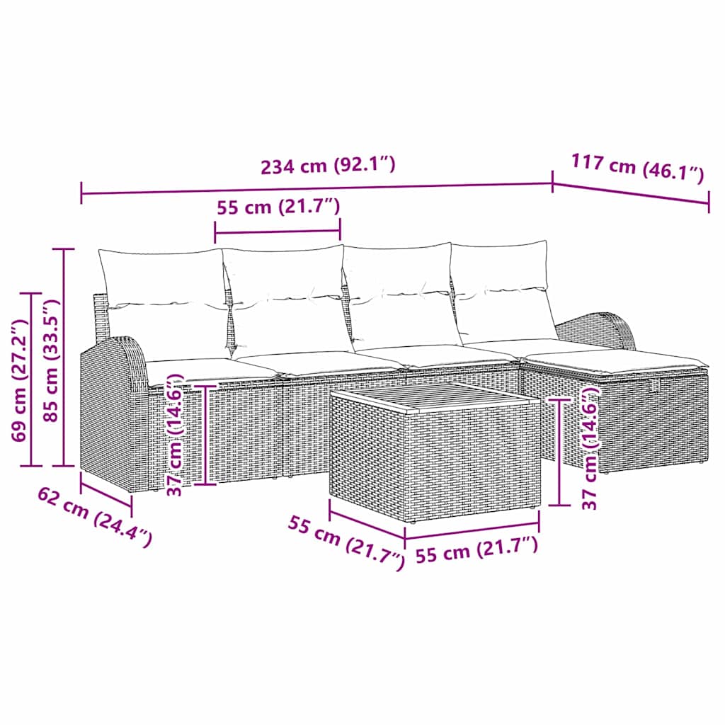 Σετ Καναπέ Κήπου με μαξιλάρι 6 pcs Μαύρο συνθετικό ρατάν - Pakobazaar