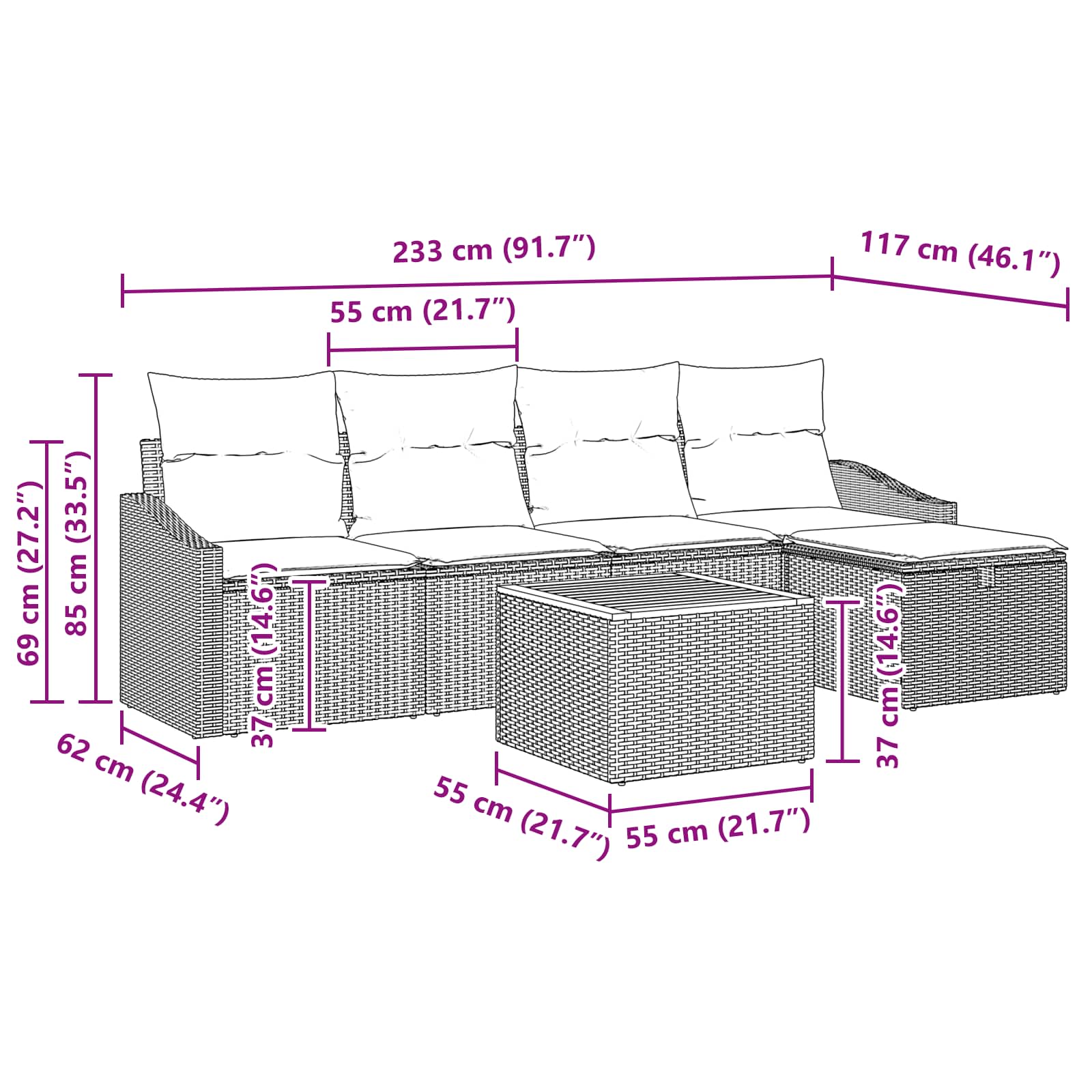 Σετ Καναπέ Κήπου με μαξιλάρι 6 pcs Μαύρο συνθετικό ρατάν - Pakobazaar