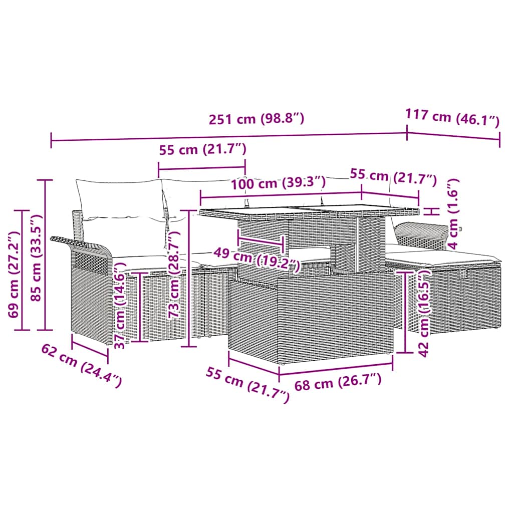 Σετ Καναπέ Κήπου με μαξιλάρι 6 pcs Καφέ Πολυ ράταν