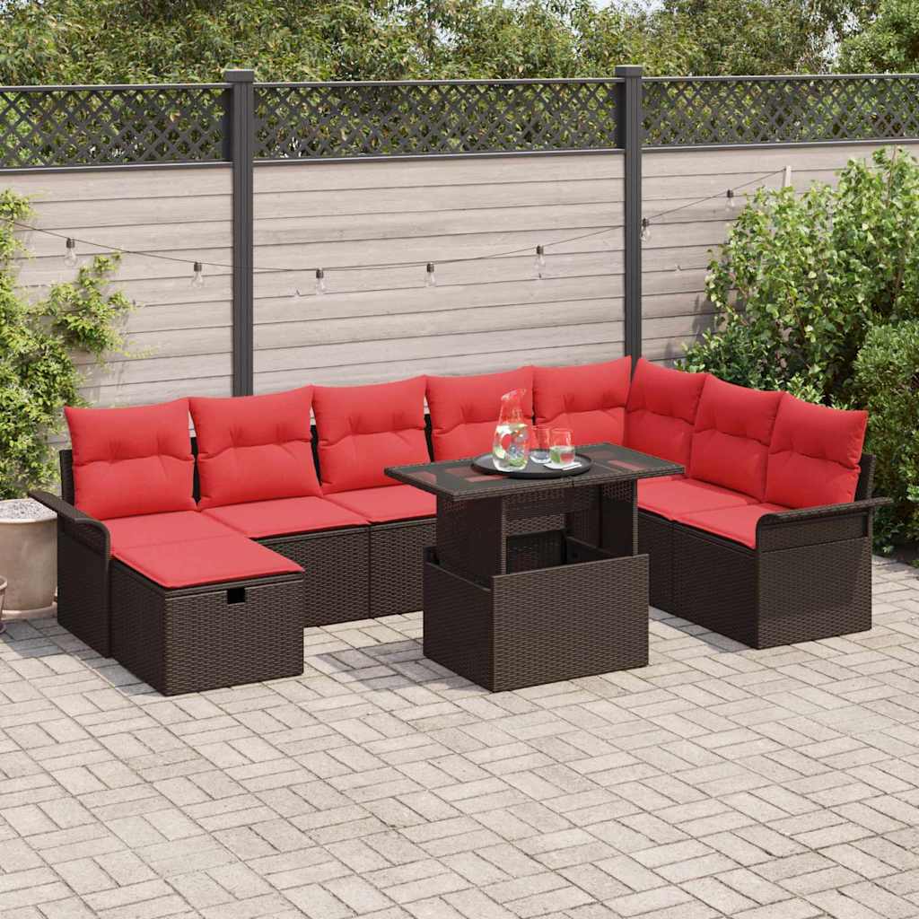 Σετ Καναπέ Κήπου με μαξιλάρι 9 pcs Καφέ Πολυ ράταν - Pakobazaar