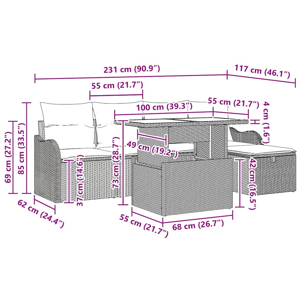Σετ Καναπέ Κήπου με μαξιλάρι 6 pcs Μπεζ Πολυ ράταν