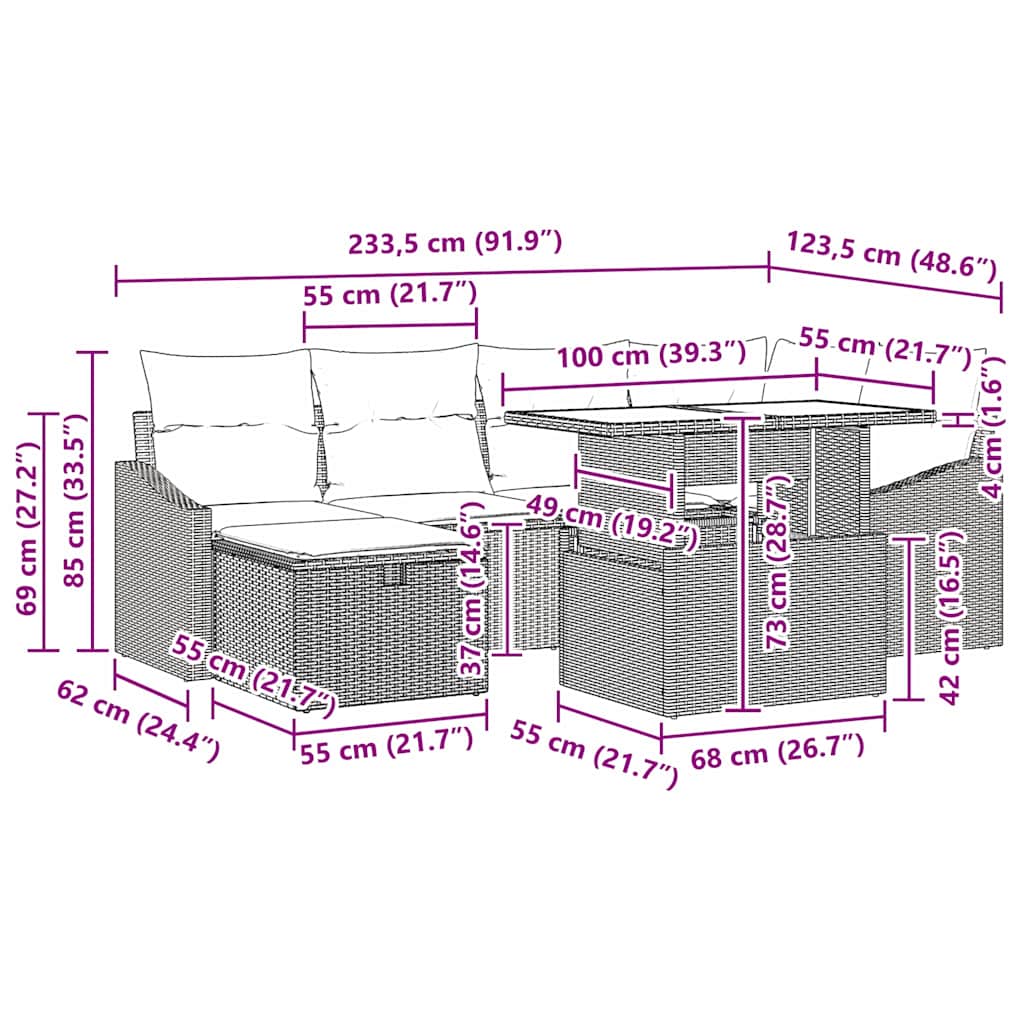 Σετ Καναπέ Κήπου με μαξιλάρι 7 pcs Μπεζ Πολυ ράταν